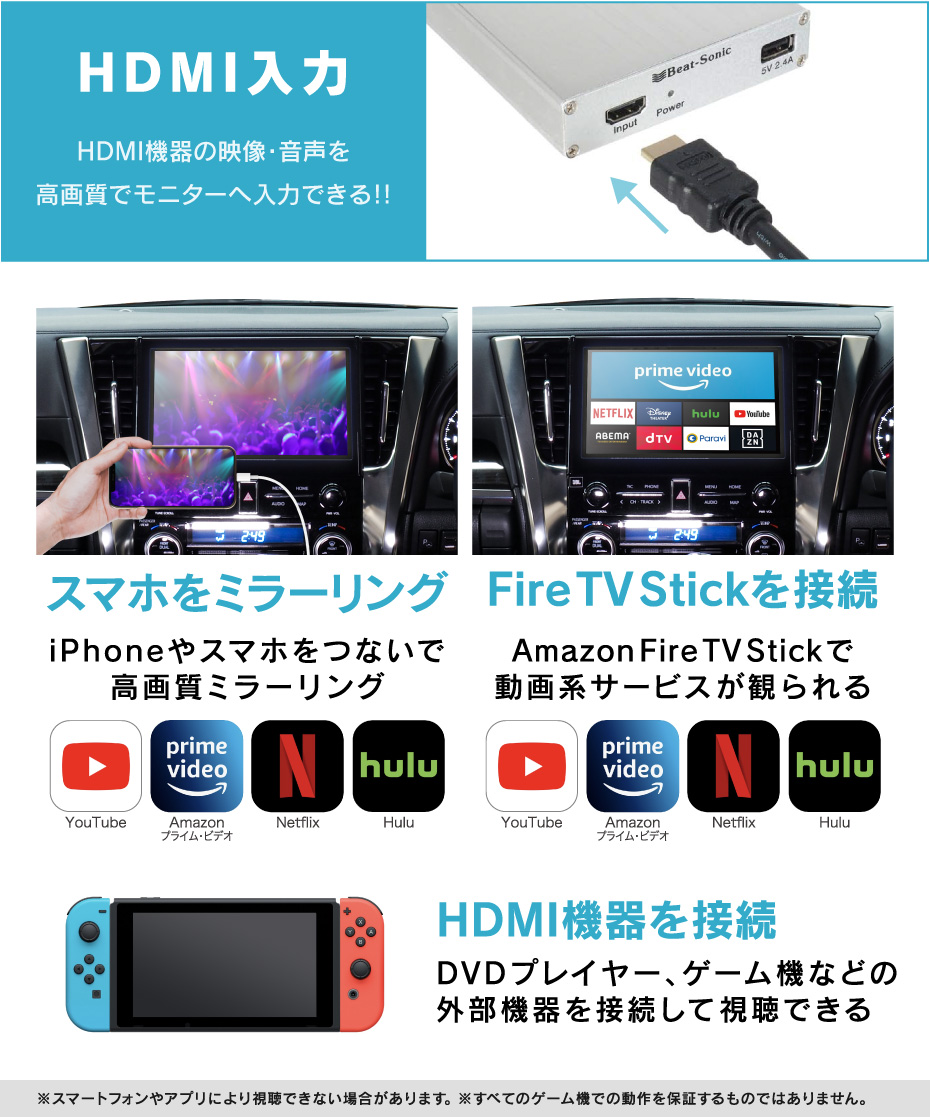 HVXT01のHDMI入力にiPhoneやFire TV Stickなどを接続すればYouTubeなどを映すことができます<br />